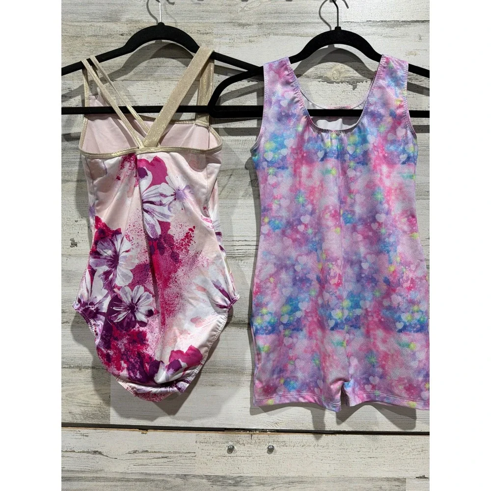 Justice Leotard Unitard Lot Girls 12-14 Pink Floral Heart Dance Dancewear EUC